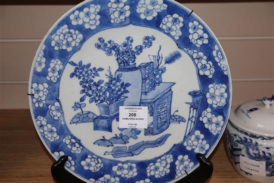 A 19th century Chinese blue and white kamcheng and a similar Hundred Antiques dish